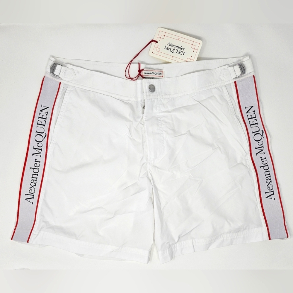 Alexander McQueen L 30 32 33 34 White Red Side Stripe Swim Shorts Trunks Mesh